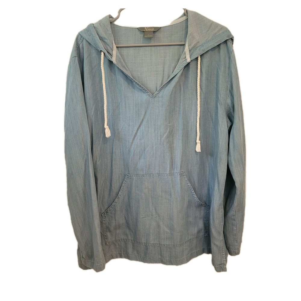 Natural Reflections Lyocel Chambray Top Ladies Large Hood Front Pouch Comfy Boho